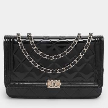 Pre Owned Chanel Black Patent Leather Boy Wallet On Chain