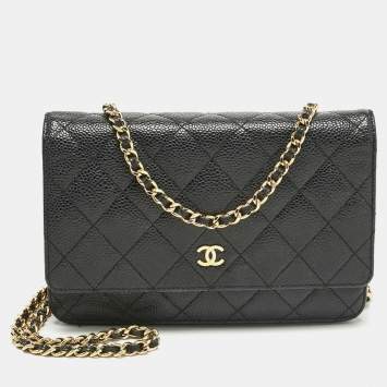Pre Owned Chanel Black Quilted Caviar Leather Classic Wallet on Chain