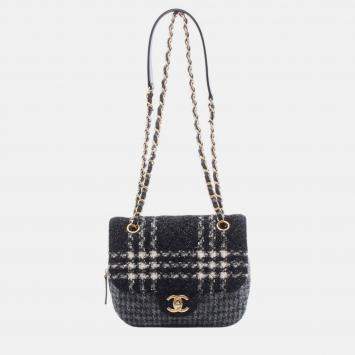Pre Owned Chanel Black Grey Small CC Wool Tweed Flap