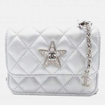Pre Owned Chanel Silver Quilted Metallic Lambskin Crystal Star Chain Flap