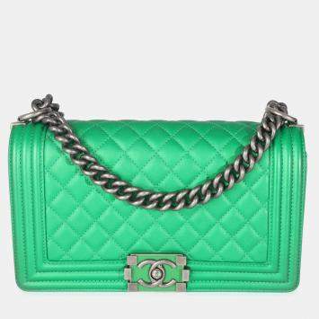 Pre Owned Chanel Green Quilted Lambskin Enamel CC Old Medium Boy Bag