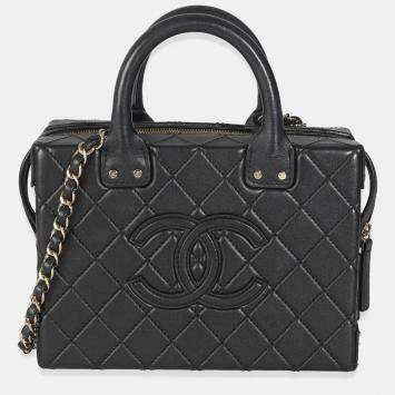 Pre Owned Chanel Black Quilted Calfskin Studded Square Vanity Case