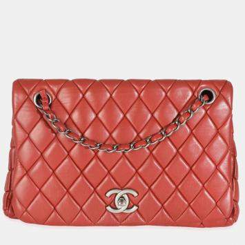 Pre Owned Chanel Red Lambskin Large New Bubble Flap Bag