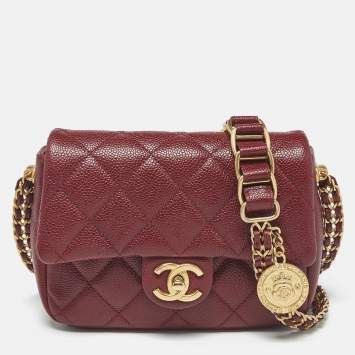 Pre Owned Chanel Burgundy Quilted Cavair Leather Mini Chain Soul Flap Bag