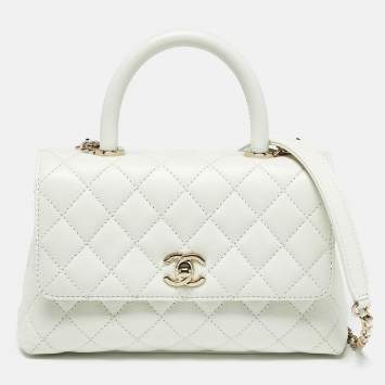 Pre Owned Chanel White Quilted Caviar Leather Mini Coco Top Handle Bag