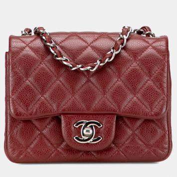 Pre Owned Chanel Burgundy Mini Square Classic Caviar Single Flap