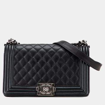 Pre Owned Chanel Black Old Medium Quilted Lambskin Boy Flap