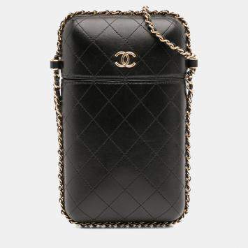 Pre Owned Chanel Black CC Quilted Lambskin Chain Around Phone Holder