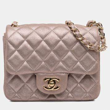 Pre Owned Chanel Pink Mini Square Classic Iridescent Calfskin Single Flap