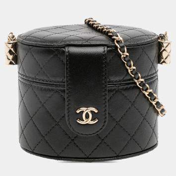 Pre Owned Chanel Black Mini Quilted Lambskin Round Vanity Case with Chain