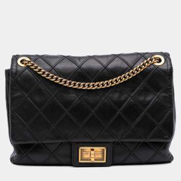 Pre Owned Chanel Black Large Reissue 2.55 Diamond Debossed Calfskin Cosmos Flap