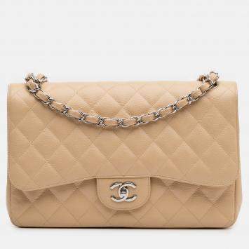 Pre Owned Chanel Beige Brown Jumbo Classic Caviar Double Flap
