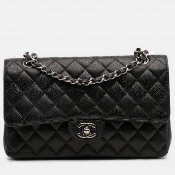 Pre Owned Chanel Black Medium Classic Caviar Double Flap