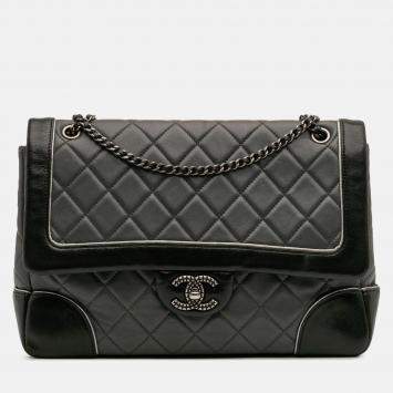 Pre Owned Chanel Black Grey Paris Salzburg Jumbo Bicolor Quilted Lambskin Tyrolean Flap