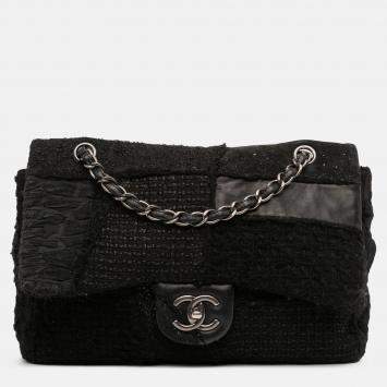 Pre Owned Chanel Black Jumbo Patchwork Tweed Flap