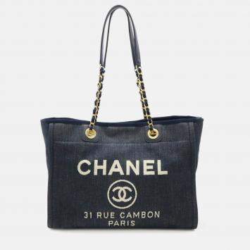 Pre Owned Chanel Deauville Navy Blue Denim Medium Chain Shoulder Bag 