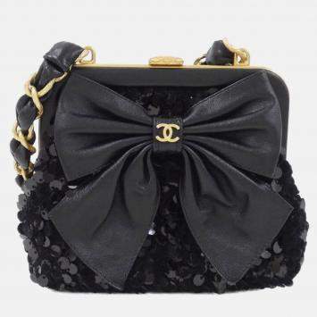 Pre Owned Chanel Black Spangle Tweed Bow Chain Clutch