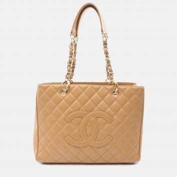 Pre Owned Chanel Matelasse Grand Gst Tote Bag Leather Grained Calfskin Brown