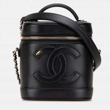 Pre Owned Chanel Coco Mark Vanity Bag Handbag Shoulder Black Lambskin