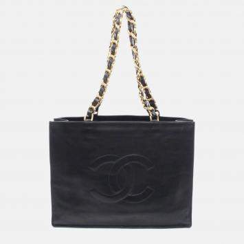 Pre Owned Chanel Deka Coco Mark Tote Bag Lambskin Leather Black