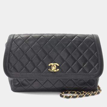 Pre Owned Chanel Matelasse Shoulder Bag Lambskin (Sheepskin) Black