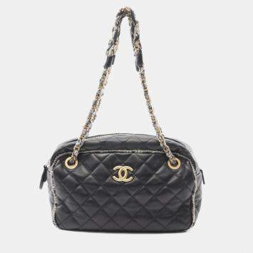 Pre Owned Chanel Matelasse Shoulder Bag Lambskin Leather Black