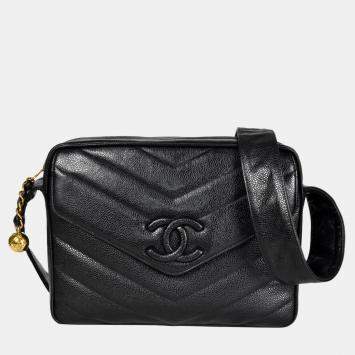 Pre Owned Chanel Coco Mark Chevron V-Stitch Shoulder Bag Caviar Skin Black