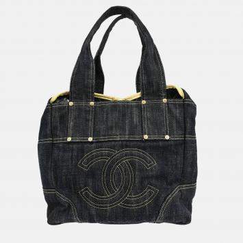 Pre Owned Chanel Navy Sparkling Denim Tote Handbag