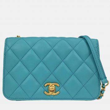 Pre Owned Chanel Light Blue Lambskin Turnlock Full Flap Shoulder Bag
