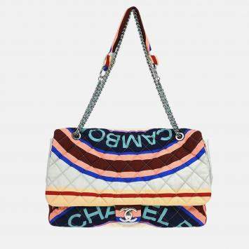 Pre Owned Chanel Light Blue Navy Satin XXL Quilted Printed Shoulder Bag