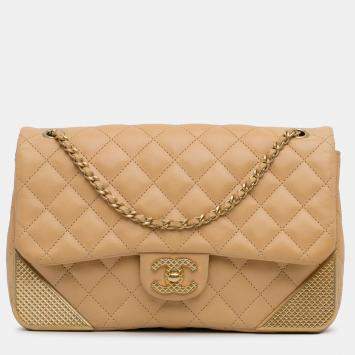 Pre Owned Chanel Yellow Medium Classic Lambskin Metal Edge Shoulder Bag