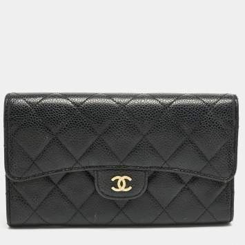 Pre Owned Chanel Black Quilted Caviar Leather Classic L Flap Wallet