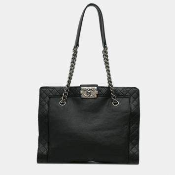 Pre Owned Chanel Black Medium Calfskin Boy Reverso Shopping Tote