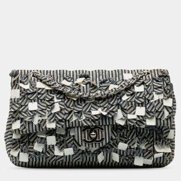Pre Owned Chanel Blue Medium Cotton Striped Double Flap