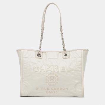 Pre Owned Chanel White Small Glazed Calfskin Deauville Tote