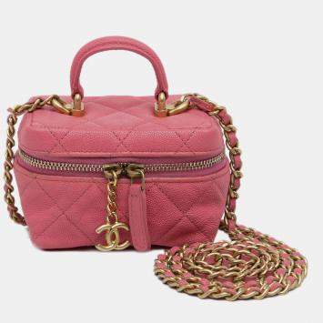Pre Owned Chanel Pink Micro Caviar Chain Vanity Bag