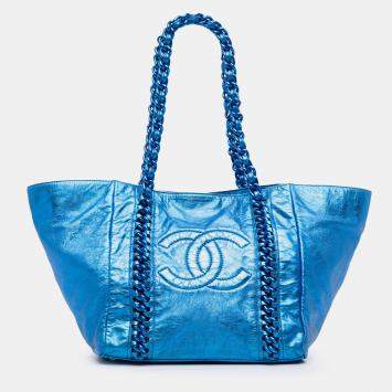 Pre Owned Chanel Blue Medium Cracked Metallic Calfskin Modern Chain Tote