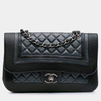 Pre Owned Chanel Black Blue Medium Bicolor Quilted Calfskin Flap