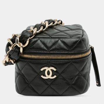 Pre Owned Chanel Black Quilted Lambskin Cube Chain Wristlet Case