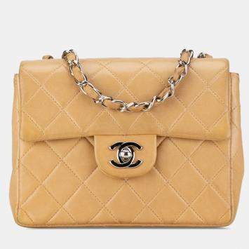 Pre Owned Chanel Brown Mini Square Classic Lambskin Single Flap