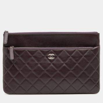 Pre Owned Chanel Purple CC Quilted Lambskin Double Zip Clutch