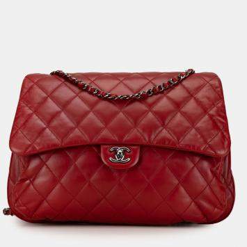 Pre Owned Chanel Red Maxi Lambskin 3 Accordion Flap