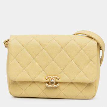 Pre Owned Chanel Yellow Small Quilted Caviar Chain Melody Flap