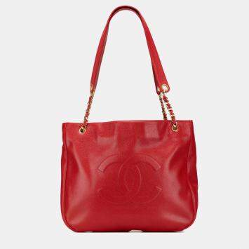 Pre Owned Chanel Red CC Caviar Chain Tote