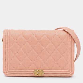 Pre Owned Chanel Pink Quilted Caviar Boy Wallet on Chain