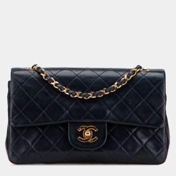 Pre Owned Chanel Blue Small Classic Lambskin Double Flap