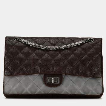 Pre Owned Chanel Brown Caviar and Iridescent Calfskin Reissue 2.55 Double Flap 226