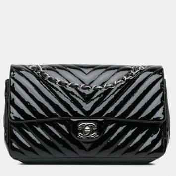 Pre Owned Chanel Black Medium Classic Chevron Patent Double Flap