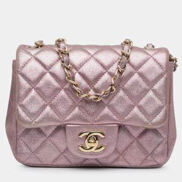 Pre Owned Chanel Pink Mini Square Classic Metallic Calfskin Single Flap