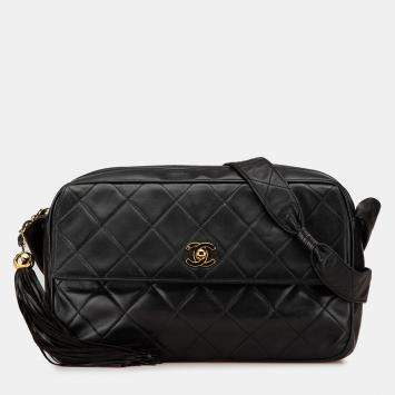 Pre Owned Chanel Black CC Quilted Lambskin Tassel Crossbody